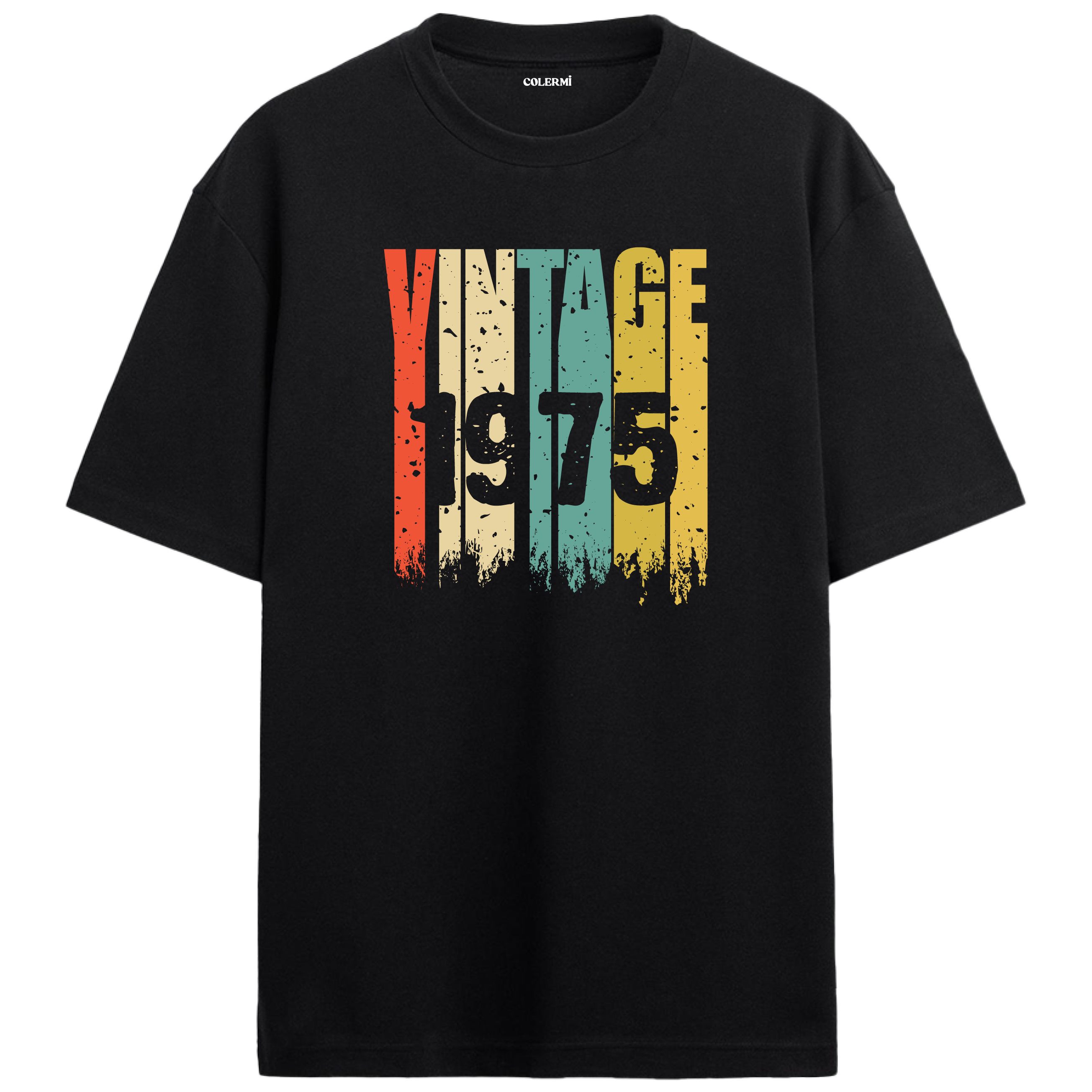 1975 Vintage Era siyah oversize tişört, retro baskısıyla nostaljik bir doğum günü hediyesi seçeneği sunar.
