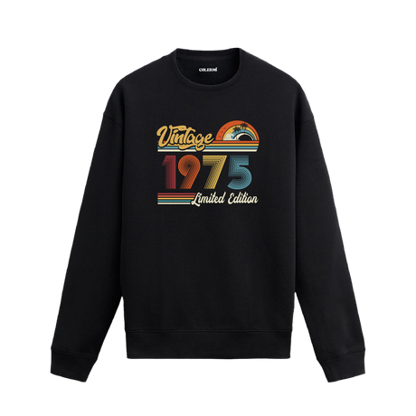 1975 Vintage sweatshirt, retro tasarım detaylı siyah sweatshirt