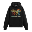 1976 doğum tarihli retro baskılı siyah vintage hoodie