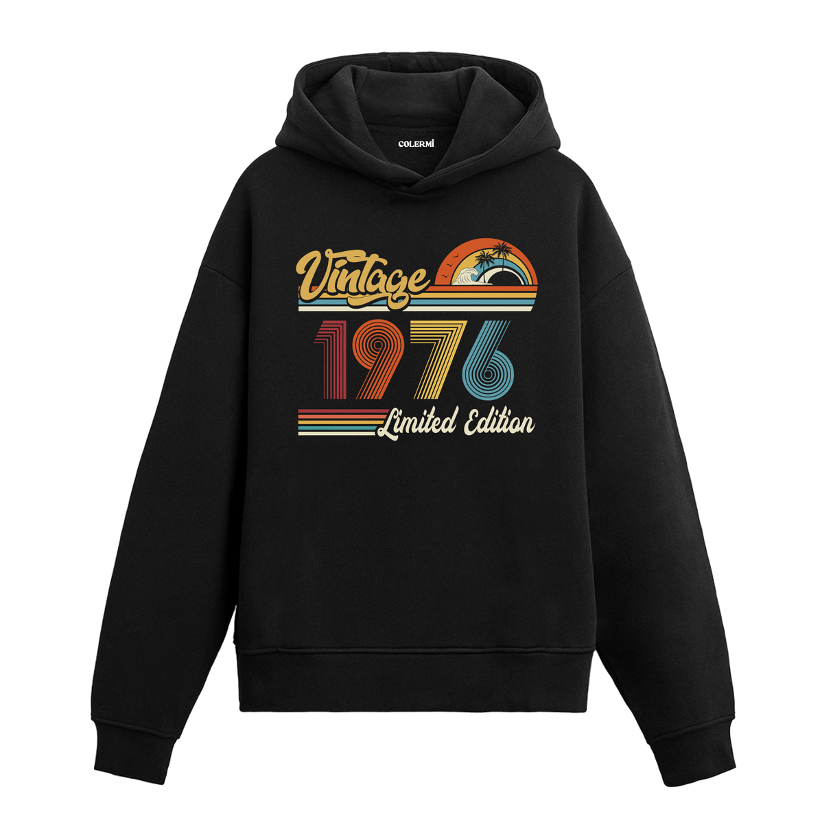 1976 doğum tarihli retro baskılı siyah vintage hoodie