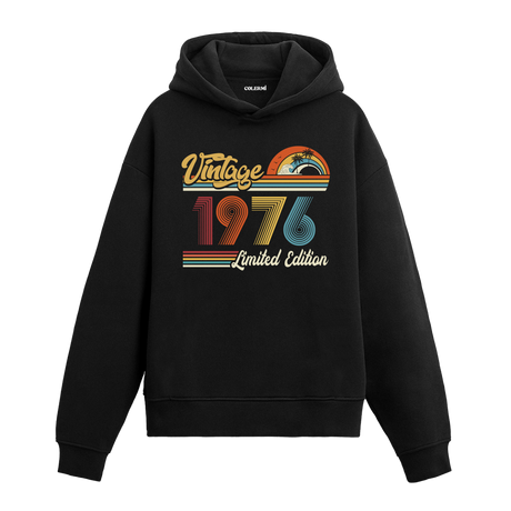 1976 doğum tarihli retro baskılı siyah vintage hoodie