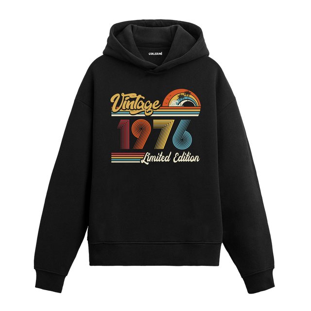 1976 doğum tarihli retro baskılı siyah vintage hoodie