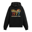 1977 doğum tarihli retro baskılı siyah vintage hoodie