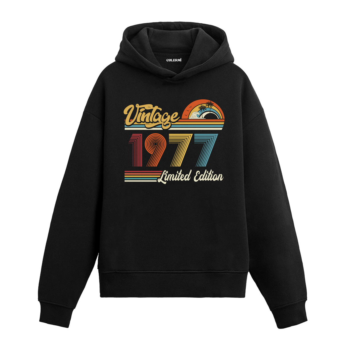 1977 doğum tarihli retro baskılı siyah vintage hoodie