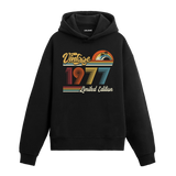 1977 doğum tarihli retro baskılı siyah vintage hoodie