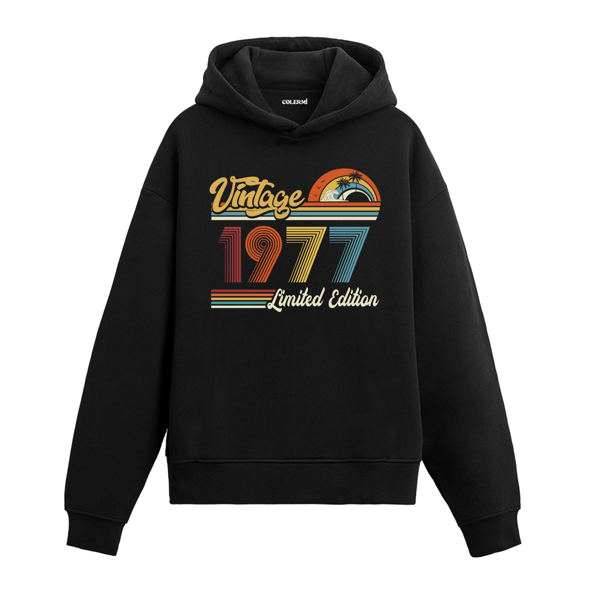 1977 doğum tarihli retro baskılı siyah vintage hoodie