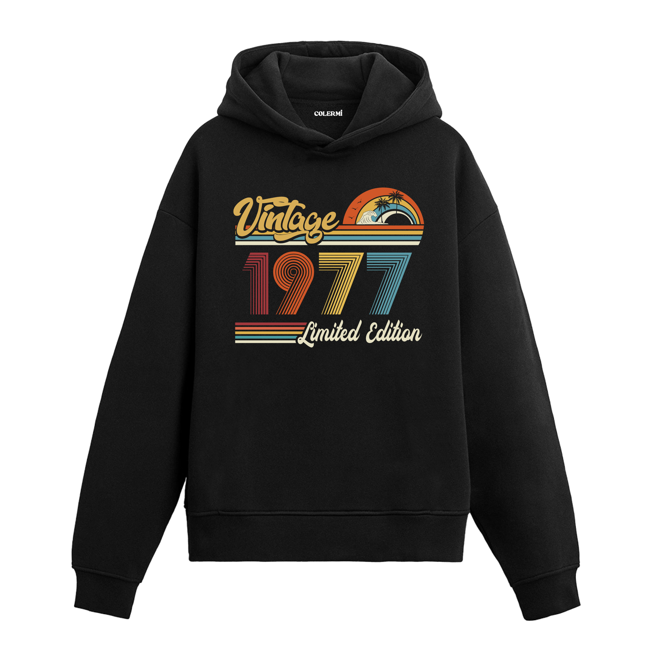 1977 doğum tarihli retro baskılı siyah vintage hoodie