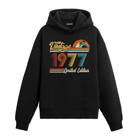 1977 doğum tarihli retro baskılı siyah vintage hoodie