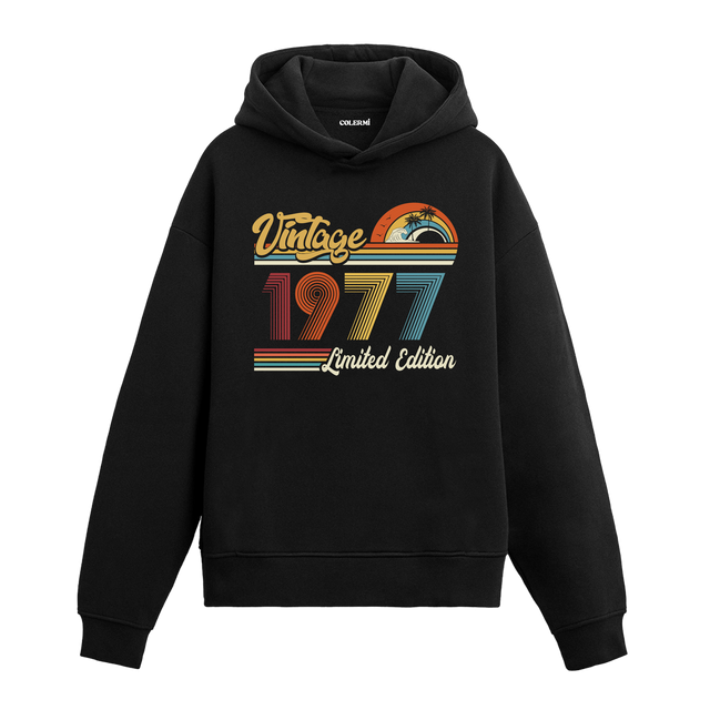 1977 doğum tarihli retro baskılı siyah vintage hoodie