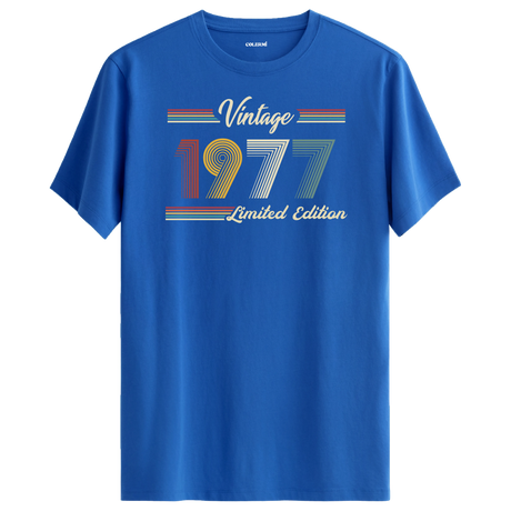 1977 yazılı klasik vintage retro tasarımlı mavi tişört