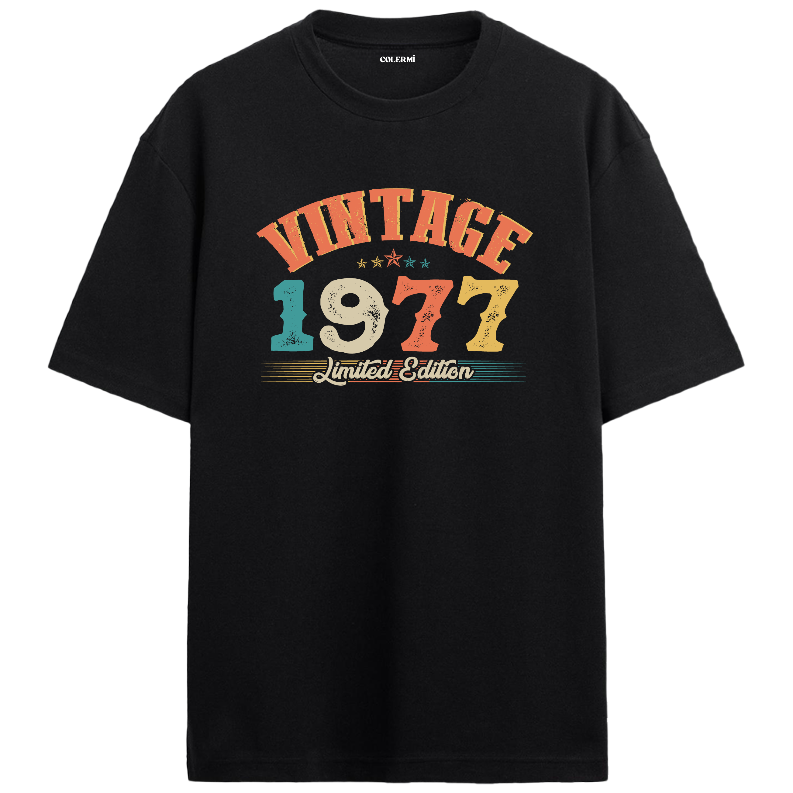 1977 Vintage Echo siyah oversize tişört, pamuk kumaşıyla yumuşak ve rahat bir doğum günü hediyesi seçeneği sunar.