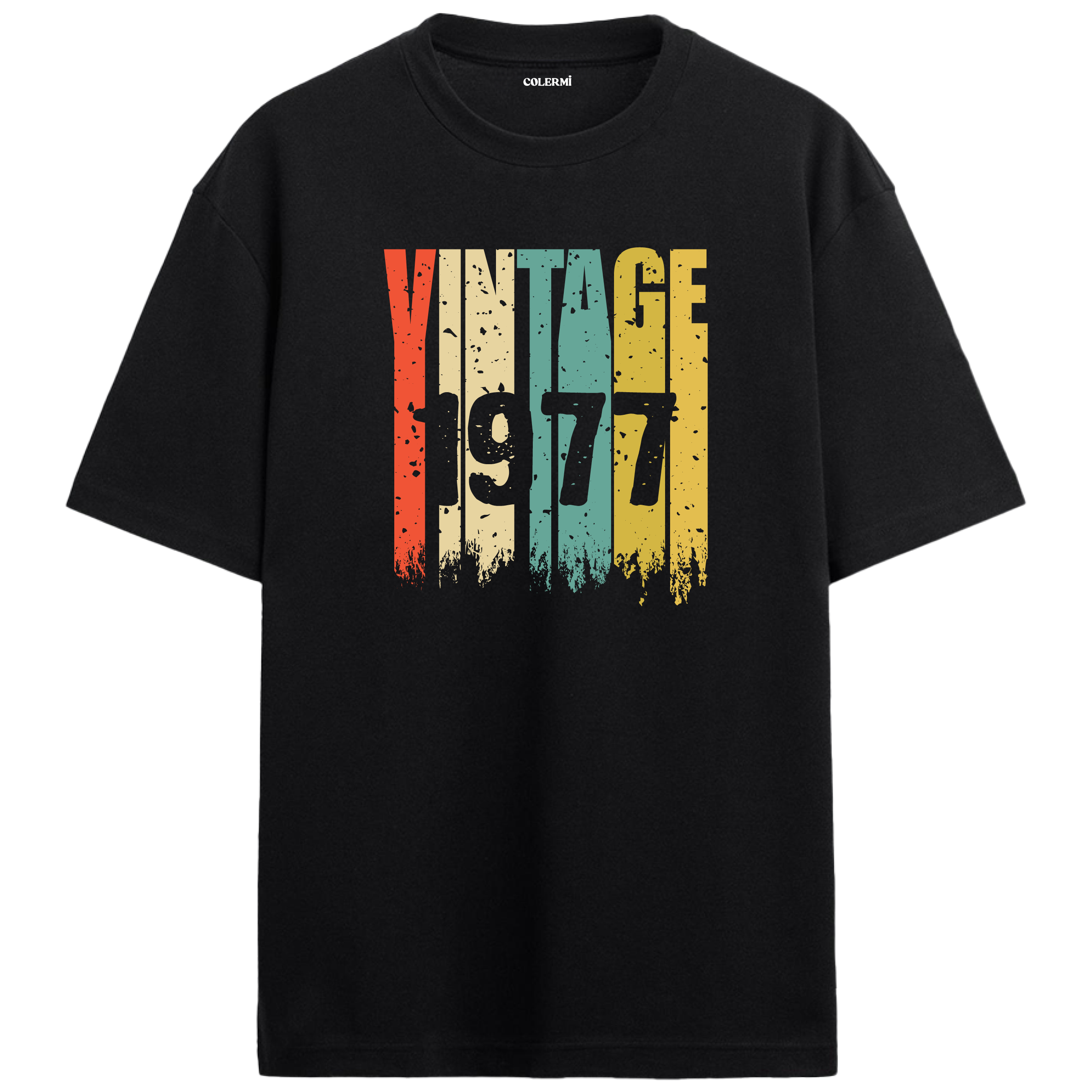 1977 Vintage Era siyah oversize tişört, retro baskısıyla nostaljik bir doğum günü hediyesi seçeneği sunar.