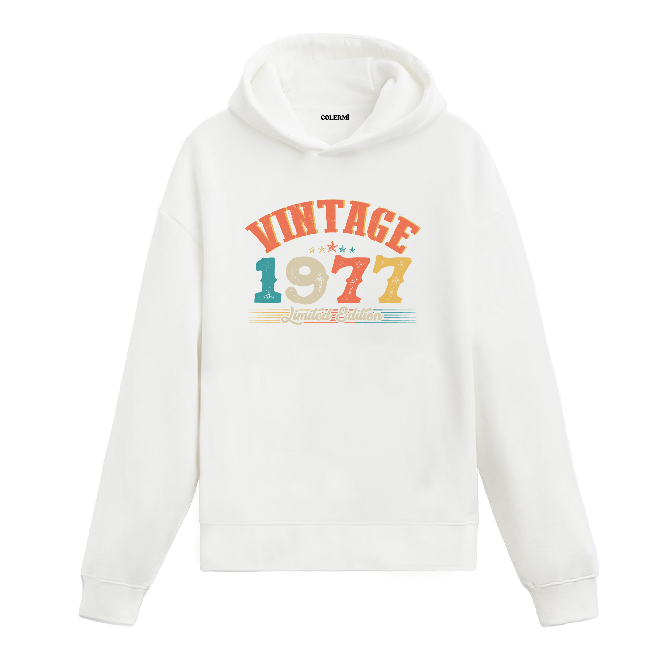 1977 yılına özel tasarlanmış beyaz Vintage Hoodie Echo, retro yazı ve yıl baskılı modern hoodie modeli.