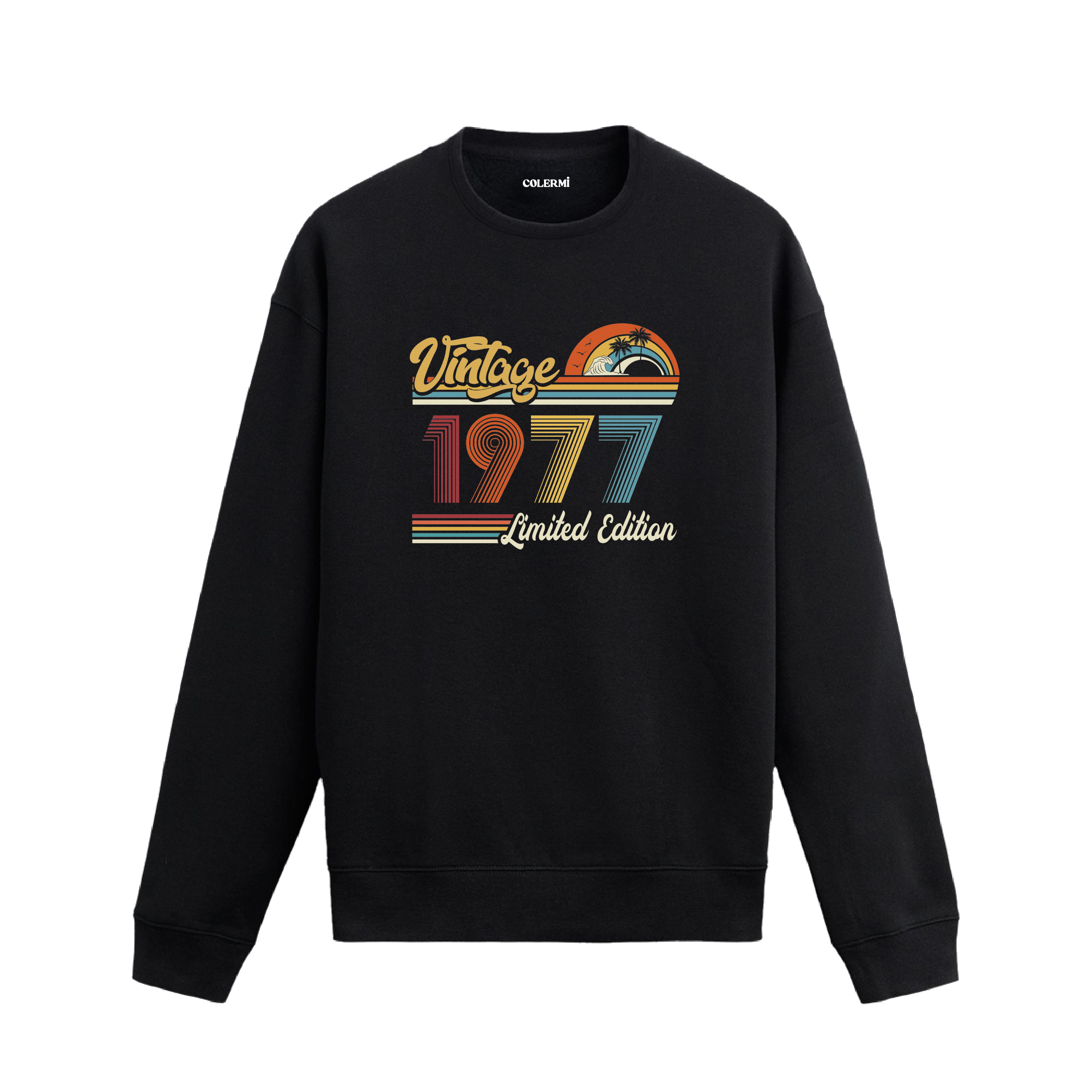 1977 Vintage sweatshirt, retro baskılı siyah sweatshirt
