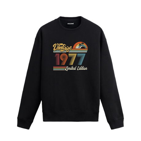1977 Vintage sweatshirt, retro baskılı siyah sweatshirt
