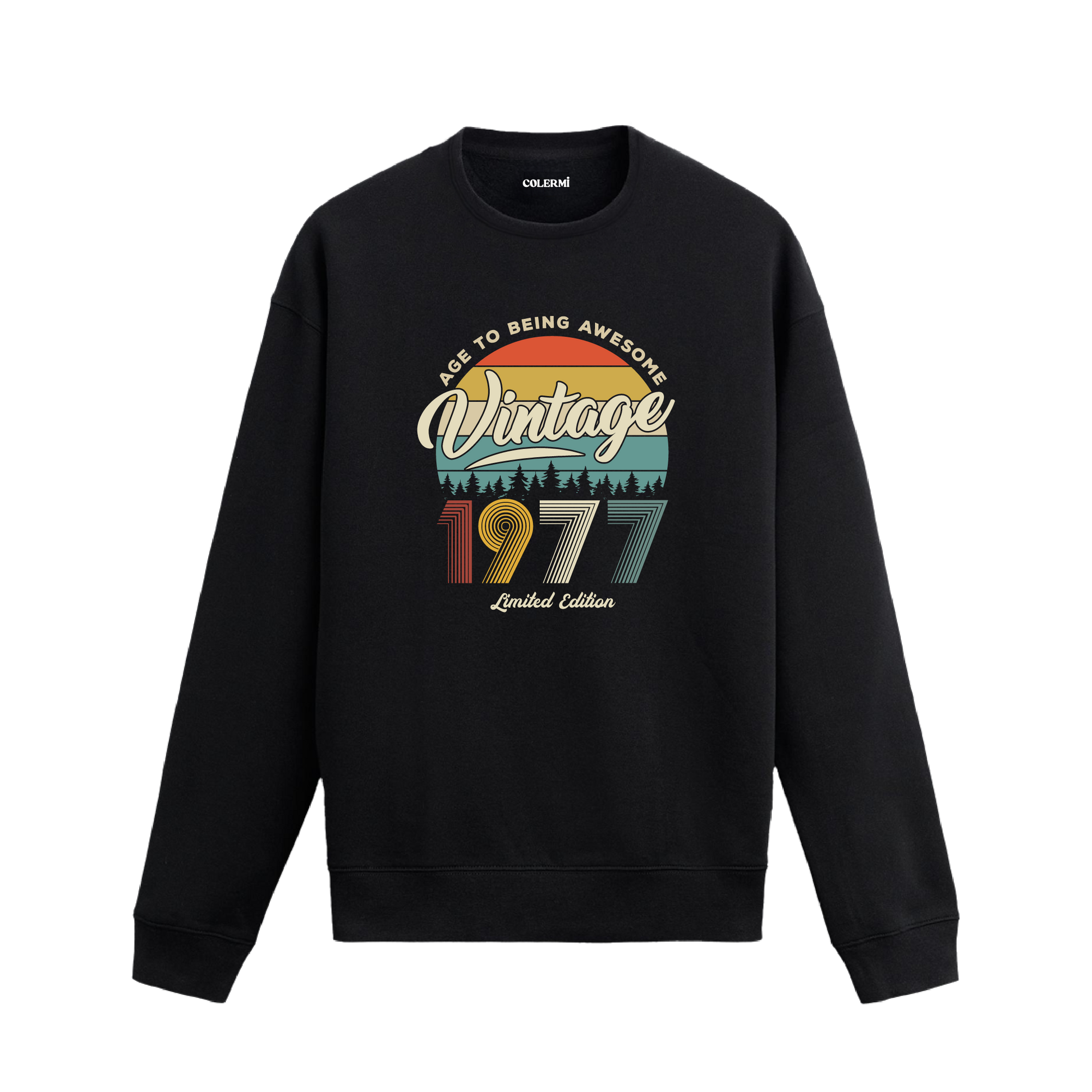 1977 yılı baskılı siyah retro vintage sweatshirt