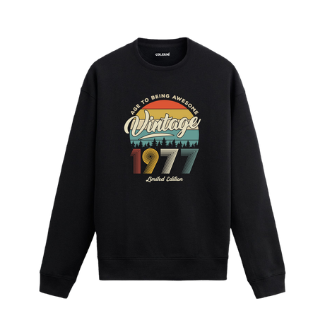 1977 yılı baskılı siyah retro vintage sweatshirt