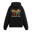 1979 doğum tarihli retro baskılı siyah vintage hoodie