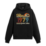 1979 doğum tarihli retro baskılı siyah vintage hoodie