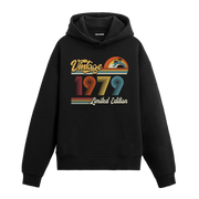 1979 doğum tarihli retro baskılı siyah vintage hoodie