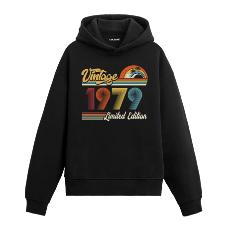 1979 doğum tarihli retro baskılı siyah vintage hoodie