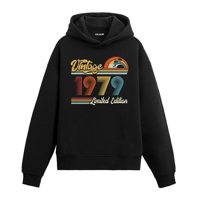 1979 doğum tarihli retro baskılı siyah vintage hoodie