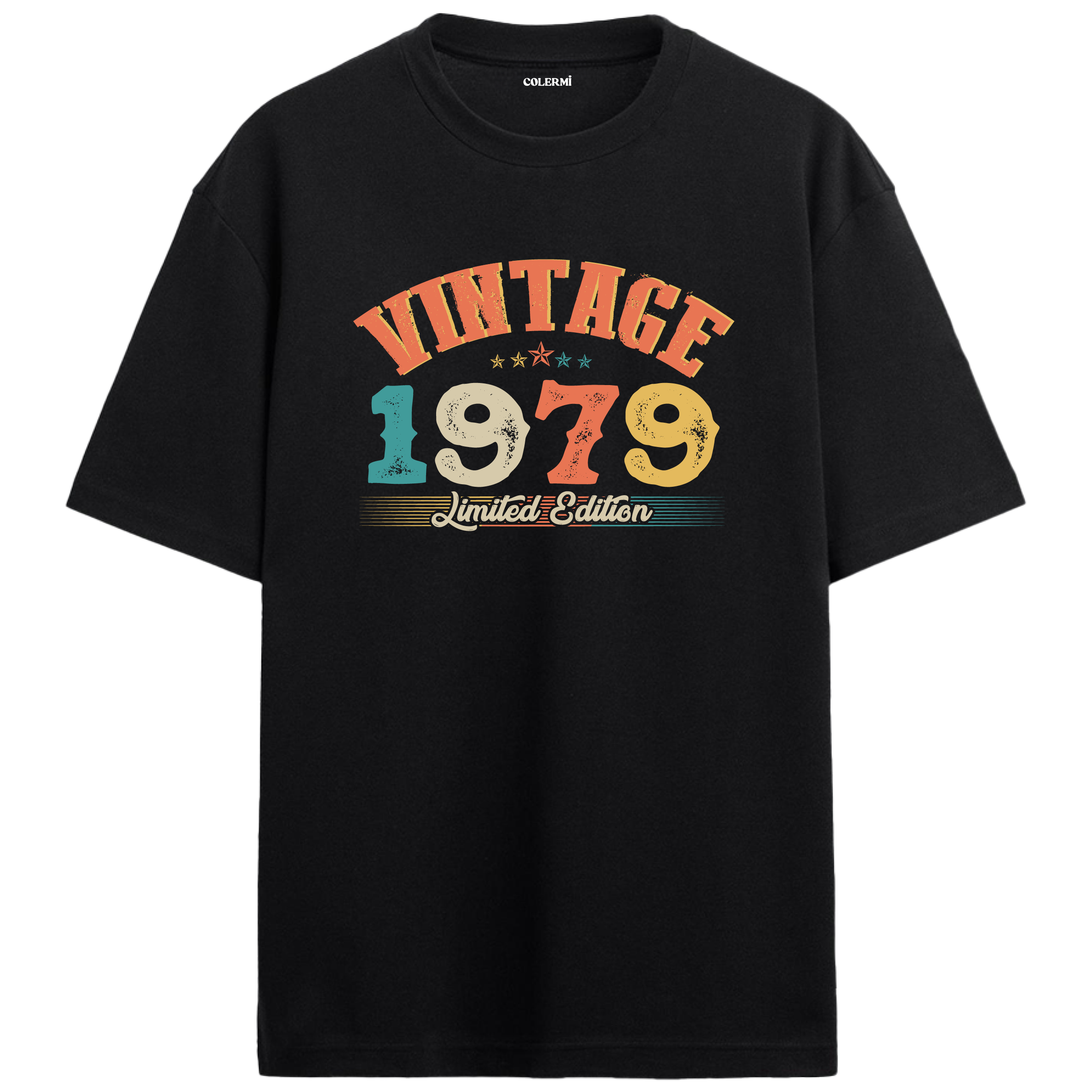 1979 Vintage Echo siyah oversize tişört, pamuk kumaşıyla yumuşak ve rahat bir doğum günü hediyesi seçeneği sunar.