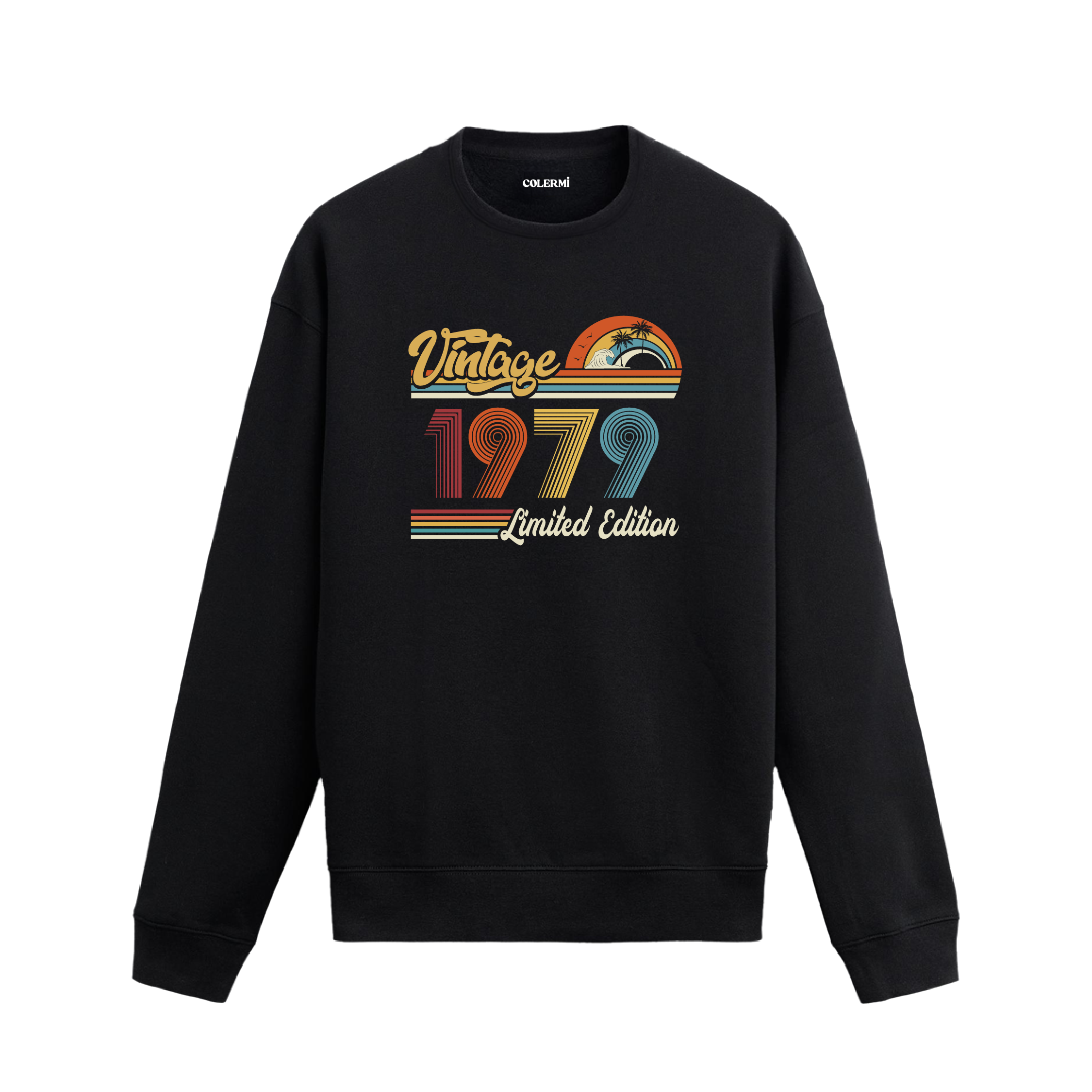 1979 Vintage sweatshirt, retro baskılı siyah sweatshirt
