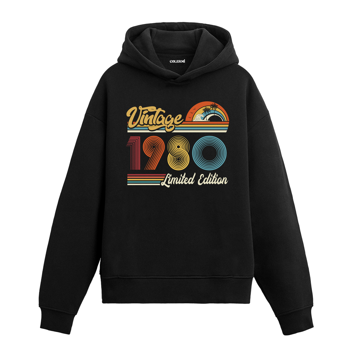 1980 doğum tarihli retro baskılı siyah vintage hoodie