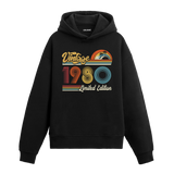1980 doğum tarihli retro baskılı siyah vintage hoodie