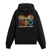 1980 doğum tarihli retro baskılı siyah vintage hoodie