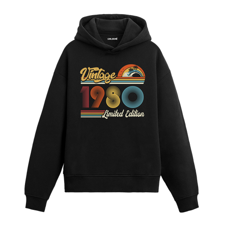 1980 doğum tarihli retro baskılı siyah vintage hoodie