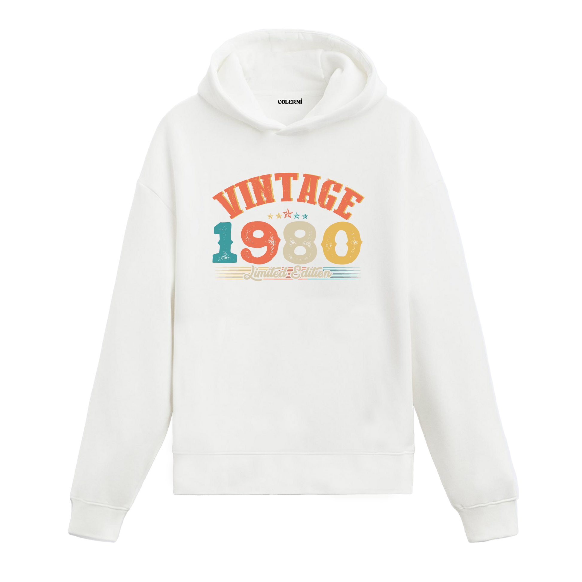 1980 yılına özel tasarlanmış beyaz Vintage Hoodie Echo, retro yazı ve yıl baskılı modern hoodie modeli.