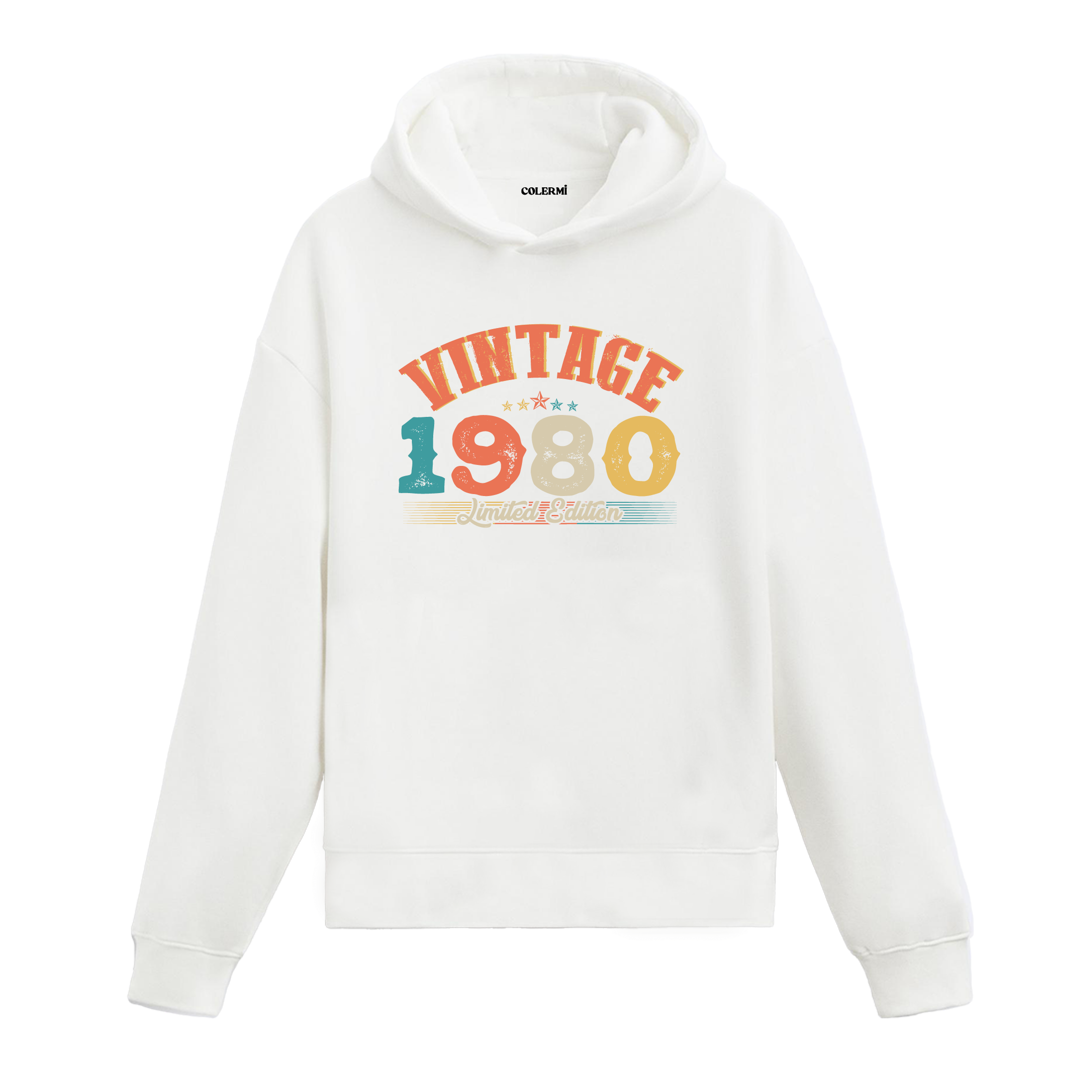1980 yılına özel tasarlanmış beyaz Vintage Hoodie Echo, retro yazı ve yıl baskılı modern hoodie modeli.