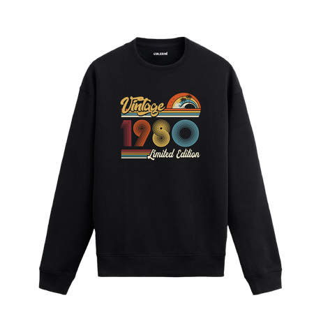 1980 Vintage sweatshirt, retro baskılı siyah sweatshirt