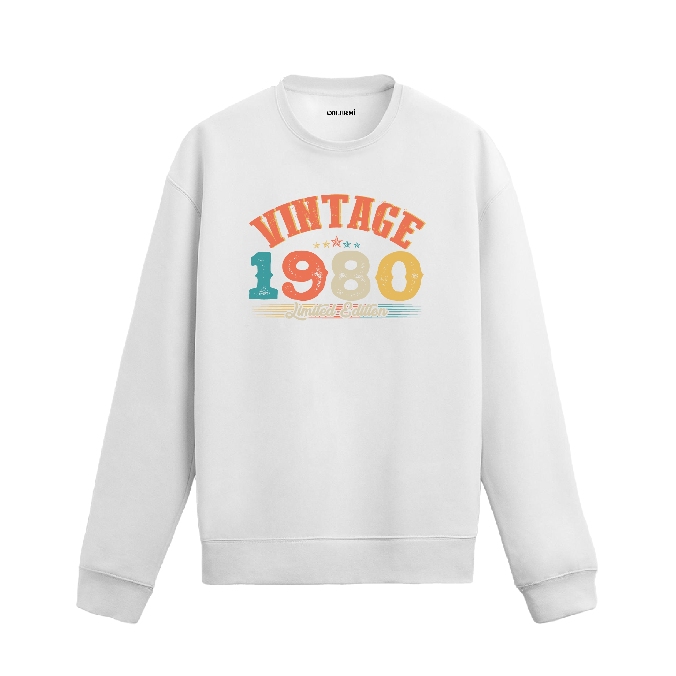 1980 yılına özel beyaz Vintage Sweatshirt Echo, retro tasarımlı yıl baskılı sweatshirt modeli.