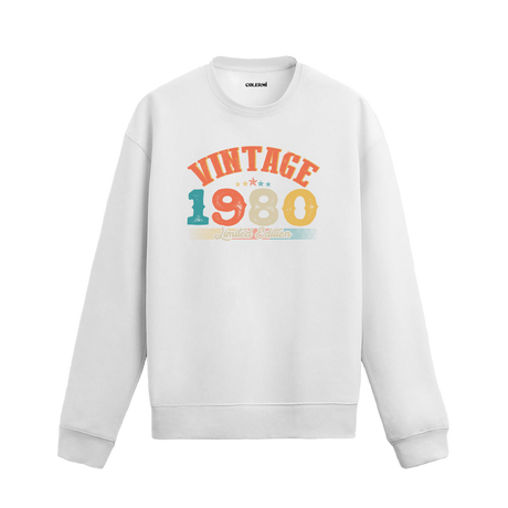 1980 yılına özel beyaz Vintage Sweatshirt Echo, retro tasarımlı yıl baskılı sweatshirt modeli.