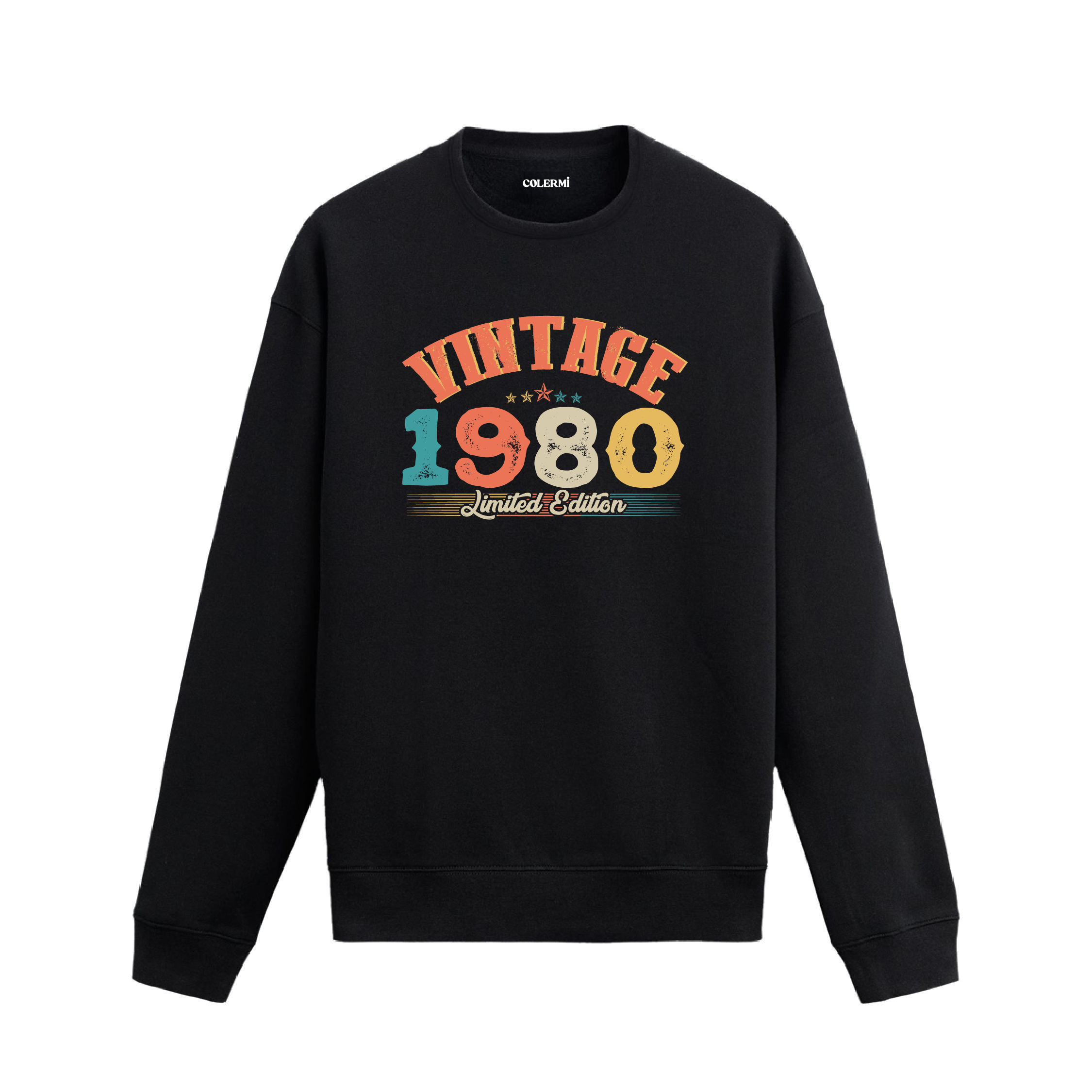 1980 yılına özel siyah Vintage Sweatshirt Echo, retro tasarımlı yıl baskılı sweatshirt modeli.