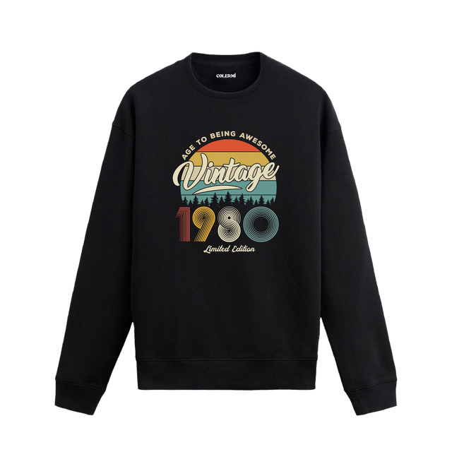 1980 yılı baskılı siyah retro vintage sweatshirt