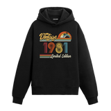 1981 doğum tarihli retro baskılı siyah vintage hoodie