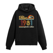 1981 doğum tarihli retro baskılı siyah vintage hoodie