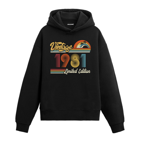 1981 doğum tarihli retro baskılı siyah vintage hoodie