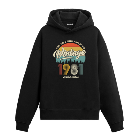 1981 Vintage Hoodie, retro yıl baskılı siyah pamuklu nostalji hoodie.