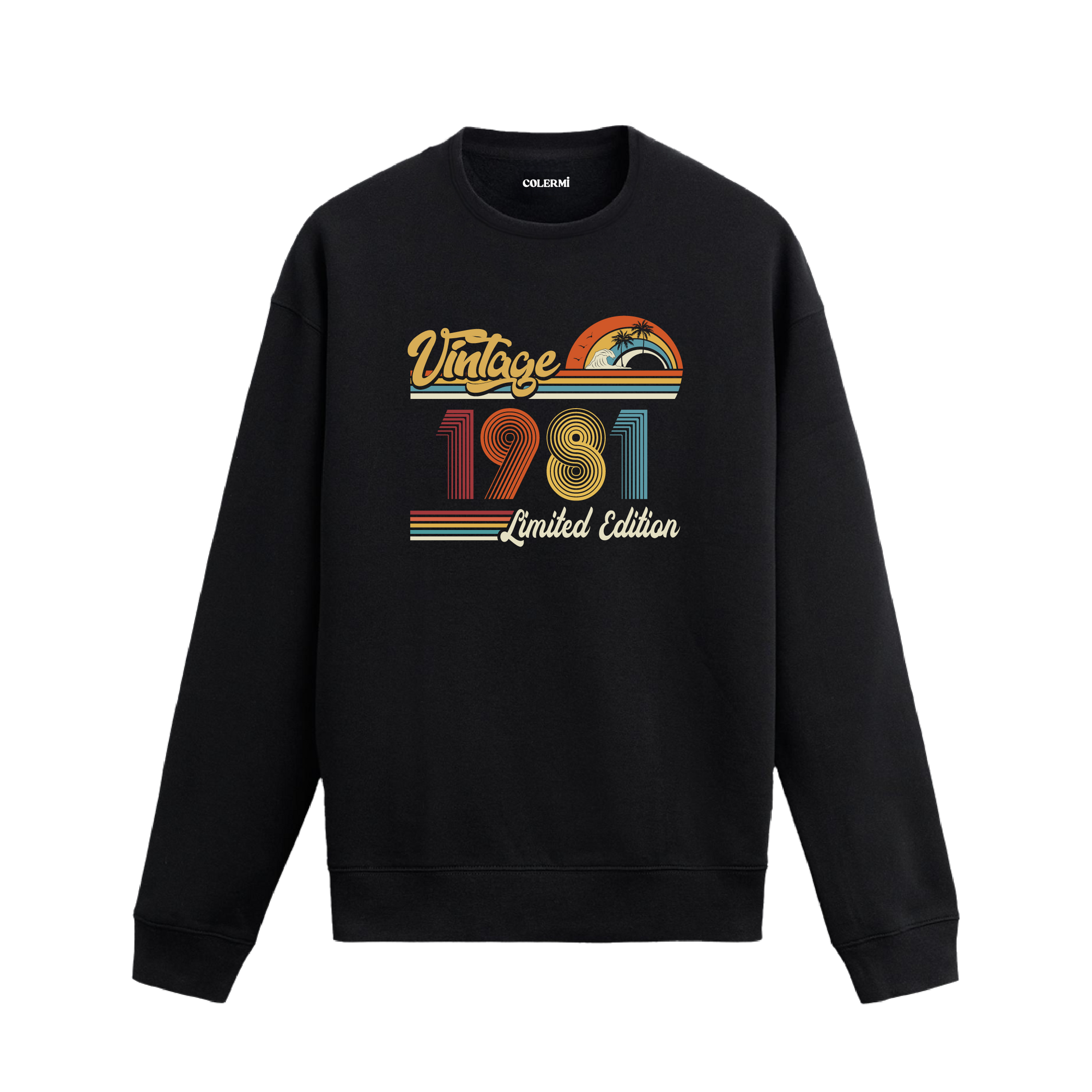 1981 Vintage sweatshirt, retro baskılı siyah sweatshirt