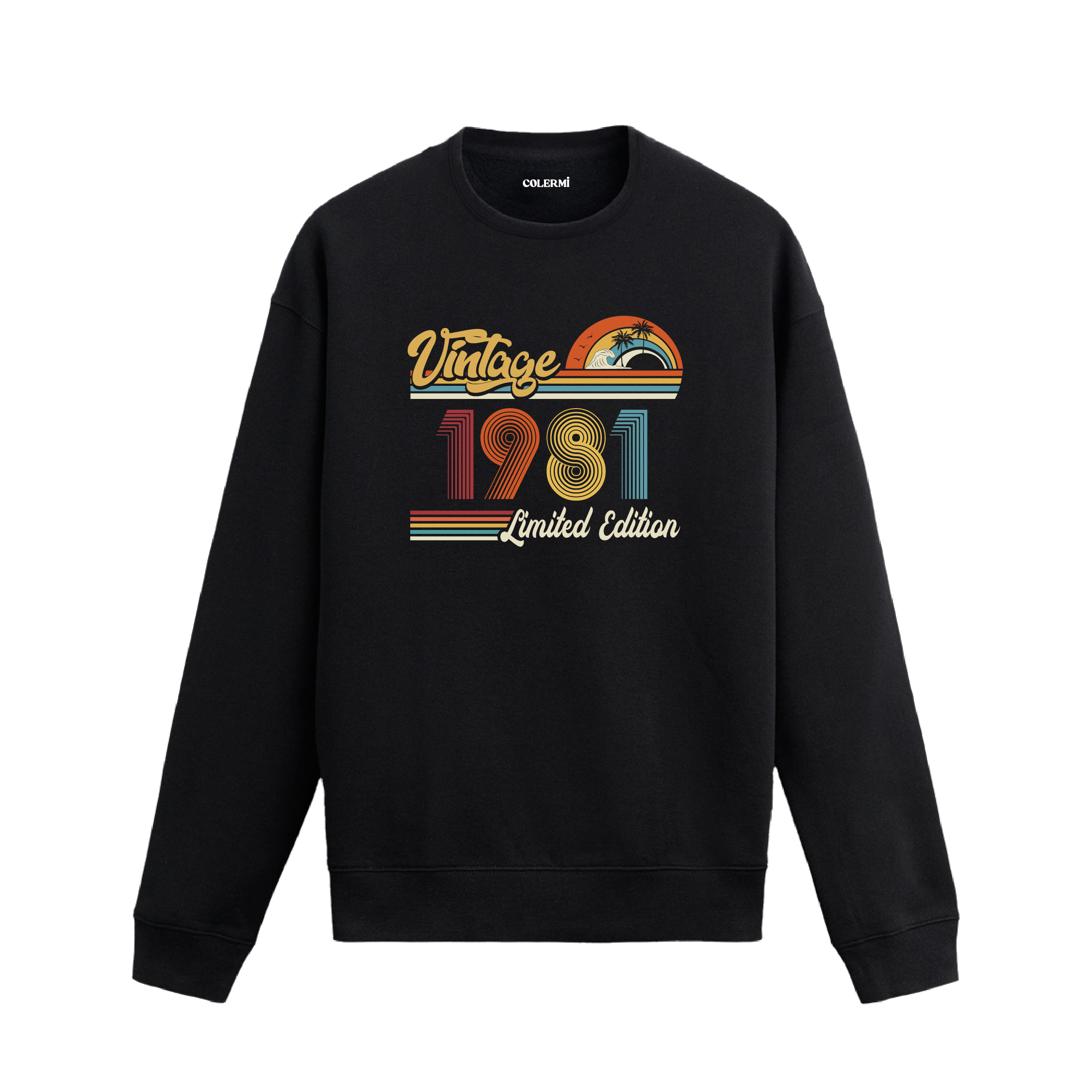 1981 Vintage sweatshirt, retro baskılı siyah sweatshirt