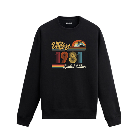 1981 Vintage sweatshirt, retro baskılı siyah sweatshirt