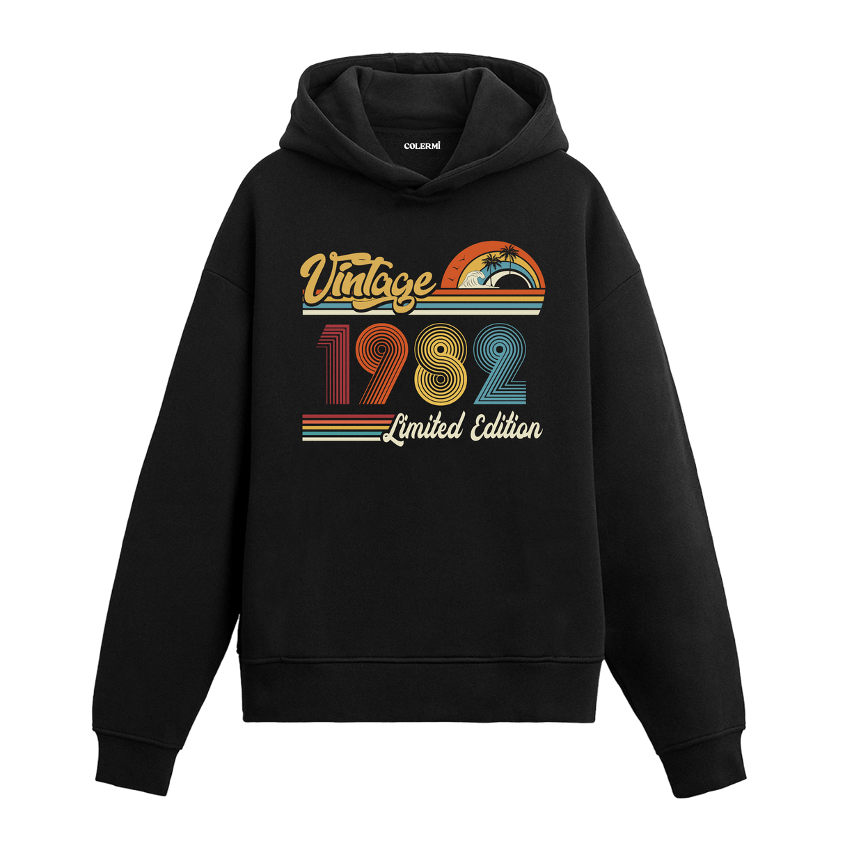 1982 doğum tarihli retro baskılı siyah vintage hoodie
