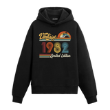 1982 doğum tarihli retro baskılı siyah vintage hoodie