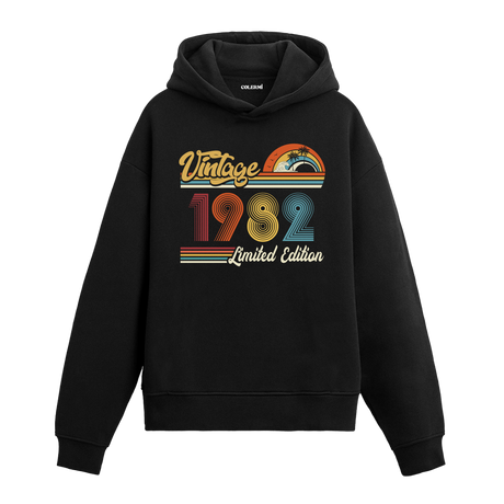 1982 doğum tarihli retro baskılı siyah vintage hoodie