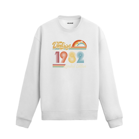 1982 Vintage sweatshirt, retro tasarım detaylı beyaz sweatshirt
